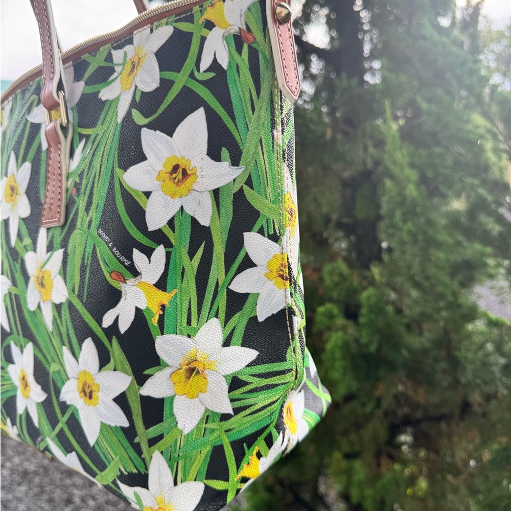 Dooney & Bourke Narcissus Floral Tote | Black Coated Canvas Leather Trim - Picture 12 of 15